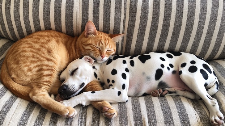 A cat and a dog sleeping together peacefully